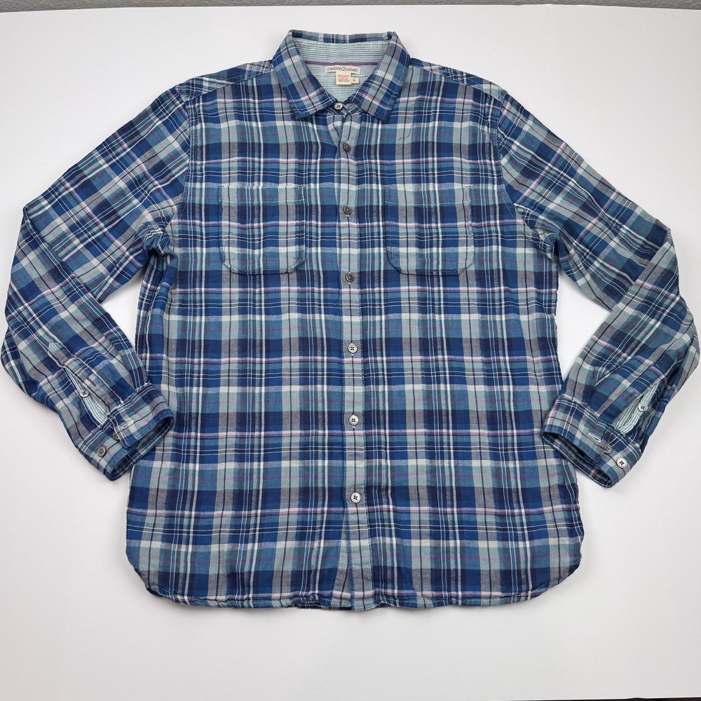 Carbon2cobalt Shirt Mens Medium Blue Plaid Long Sleeve Button Front Cotton Top